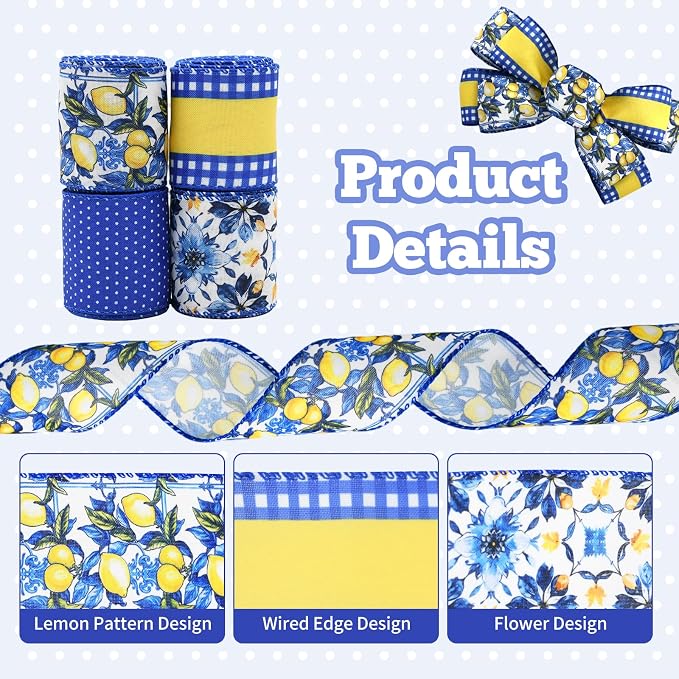 4 Rolls Lemon Wired Edge Ribbon - Image 4