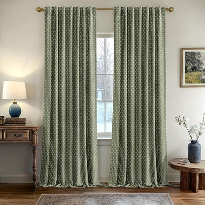 MIULEE Patterned Farmhouse Linen Curtains, Back Tab, Olive Green | Linen - Image 2