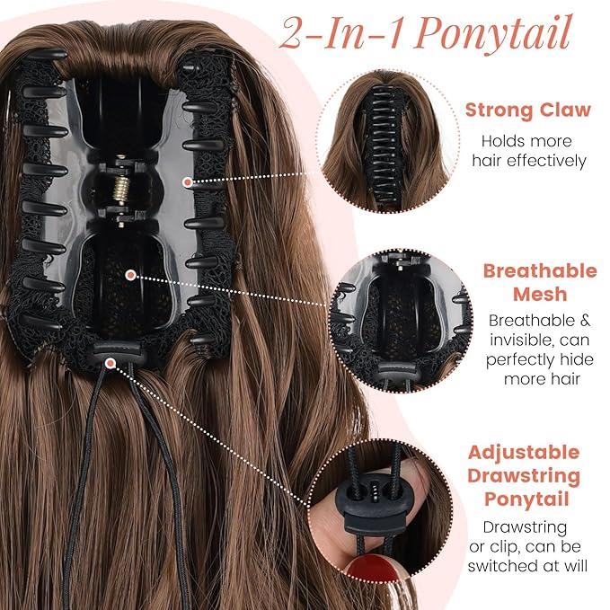 18" Ponytail Extension, Claw Clip Ponytail Extensions for Women Wavy Pony Tails Hair Extensions Fluffy Natural Looking Synthetic Hairpiece for Daily Use (Light Auburn Brown)