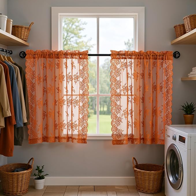 Kotile Burnt Orange Lace Kitchen Curtains Rustic Floral 2*W42 x L36 Inch | Rod - Image 5