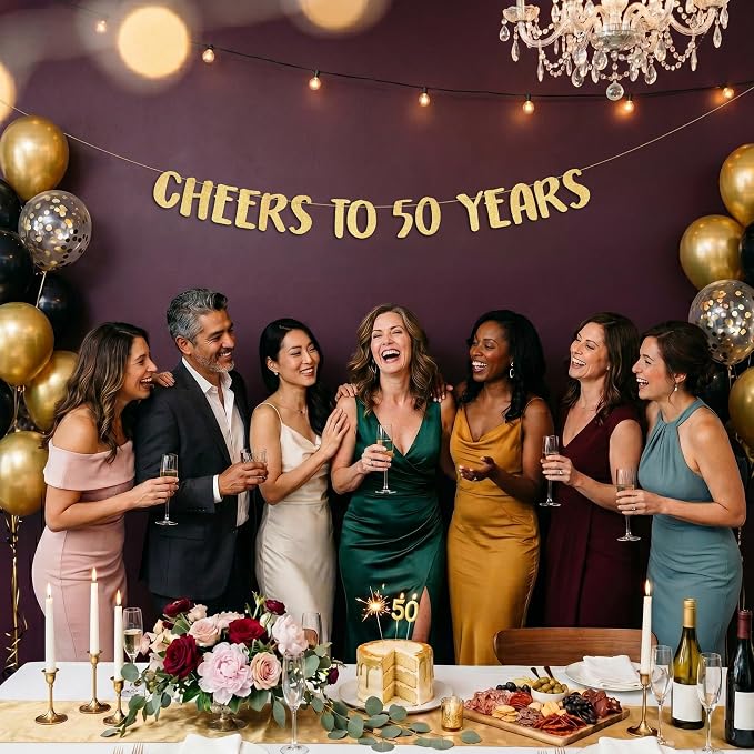 Pre-Strung Cheers to 50 Years Gold Glitter Banner - Image 8