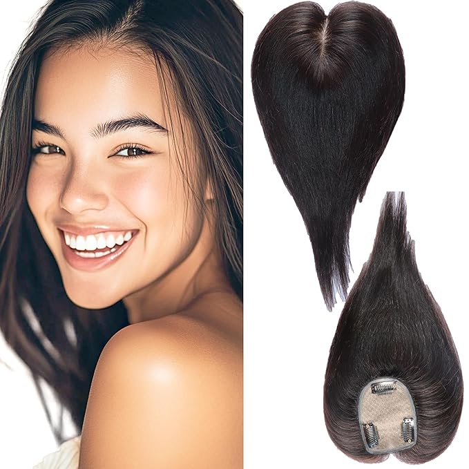Real Human Hair Topper for Thinning Hair Women Clip in Straight Hairpiece Silk Base Natural Black 10 in