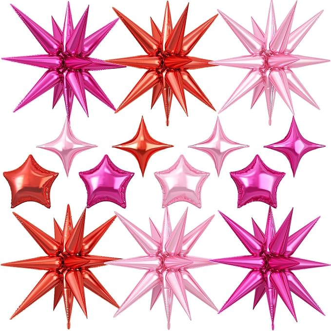 14pcs Hot Pink Red Star Balloons, Mixed Star Foil Balloon, 22Inch Explosion by vibzox