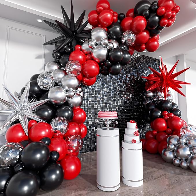 Red and Black Silver Balloon Arch Kit by ADOINBY