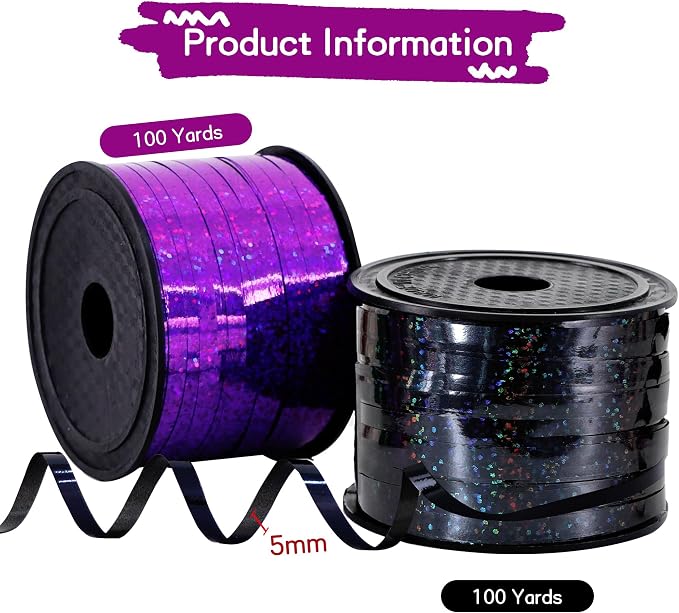 BEISHIDA 2 Pack 100 Yards Black Purple Curling Crimped Glitter Ribbon Balloon - Image 2