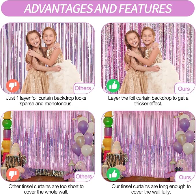 Crosize 4 Pack Laser Pink Party Streamers Backdrop, 3.3 x 9.9 ft | Tinsel Foil - Image 3