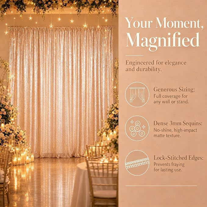 ShinyBeauty Champagne Sequin Backdrop 2 Panels 4x7FT Sequin Curtains | Full - Image 5