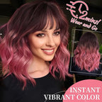 Nnzes Pink Wig with Bangs for Women Short Bob Wavy Charming Synthetic Wigs with Natural Shoulder Length Curly Heat Resistant Fiber Hair for Daily Party Use
