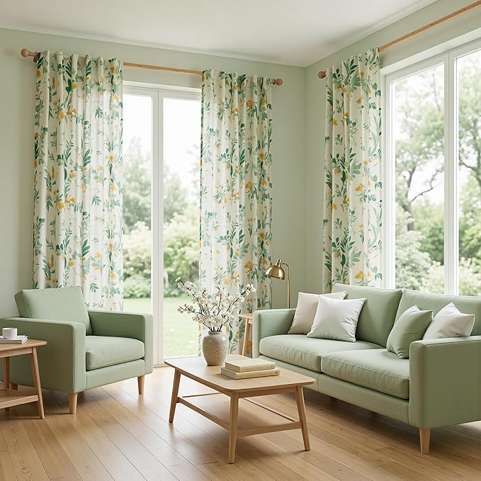 MYSKY HOME Green Floral Curtains 84 Inch Length Linen Blended Farmhouse Curtains - Image 7