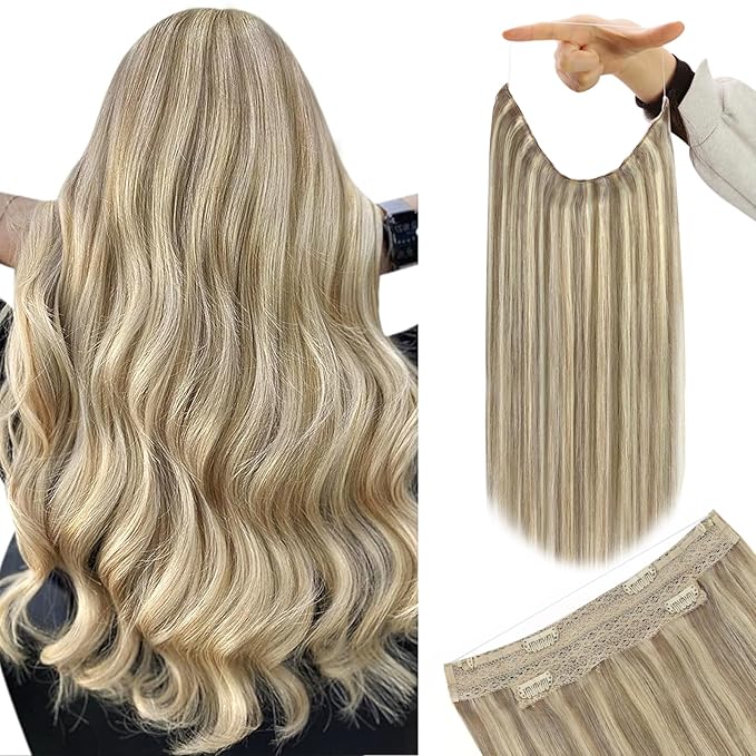 YoungSee 130G Wire Hair Extensions Real Human Hair Brown Highlight Blonde Wire Human Hair Extensions Highlights Brown to Blonde Invisible Couture Hair Extension for Natural Look 22Inch