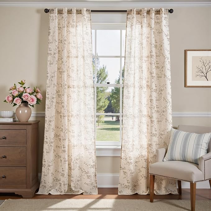 jinchan Taupe Floral Linen Curtains 108 Inch Farmhouse Back Tab 2 Panels | - Image 2