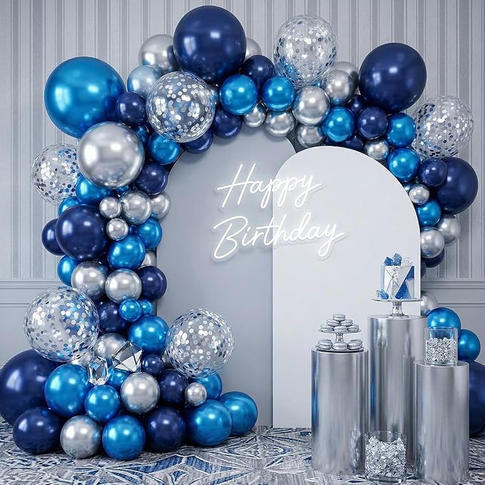 Paready Blue Silver Balloons Set, 12 Inch Confetti Silver Pearl Dark Blue Latex - Image 5