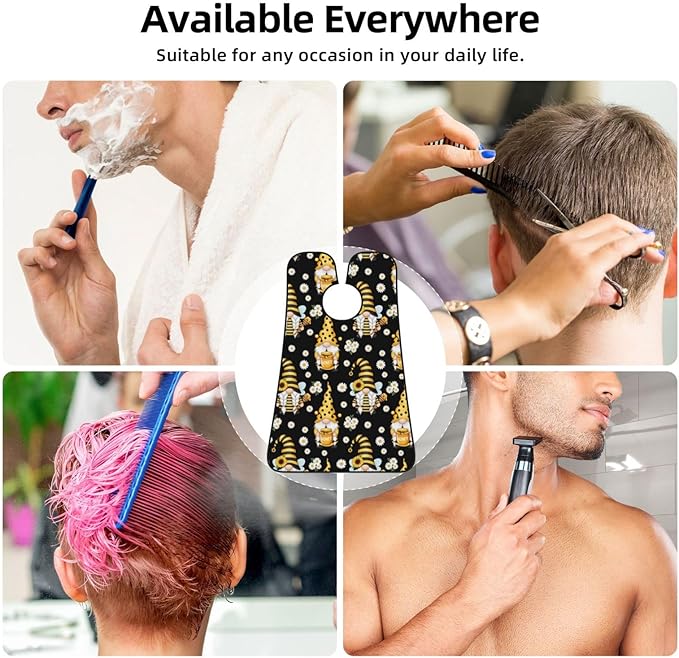 Adjustable Non-Stick Beard Apron, Hair Catcher Cape for Shaving Grooming, Waterproof with Suction Cups Men, Sunflower Bee Cute Cartoon Gnome Black Shave Bib