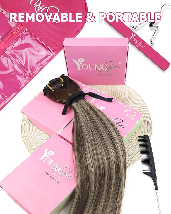YoungSee Clip in Human Hair Extensions Brown Balayage Clip in Extensions Real Human Hair Chocolate Brown with Ash Blonde Clip on Human Hair Extension for Short Straight Hair 12Inch 80G 7Pcs