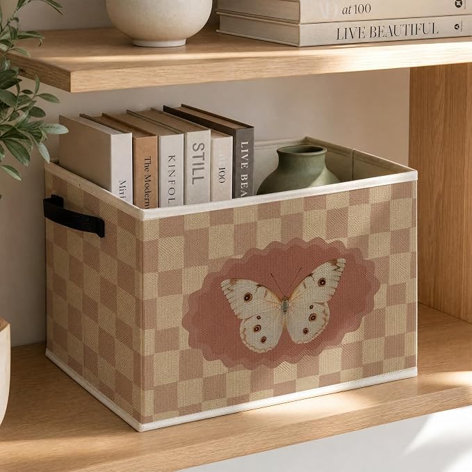 Retro Butterfly Nursery Checkered Foldable Storage Bins Box - Image 3
