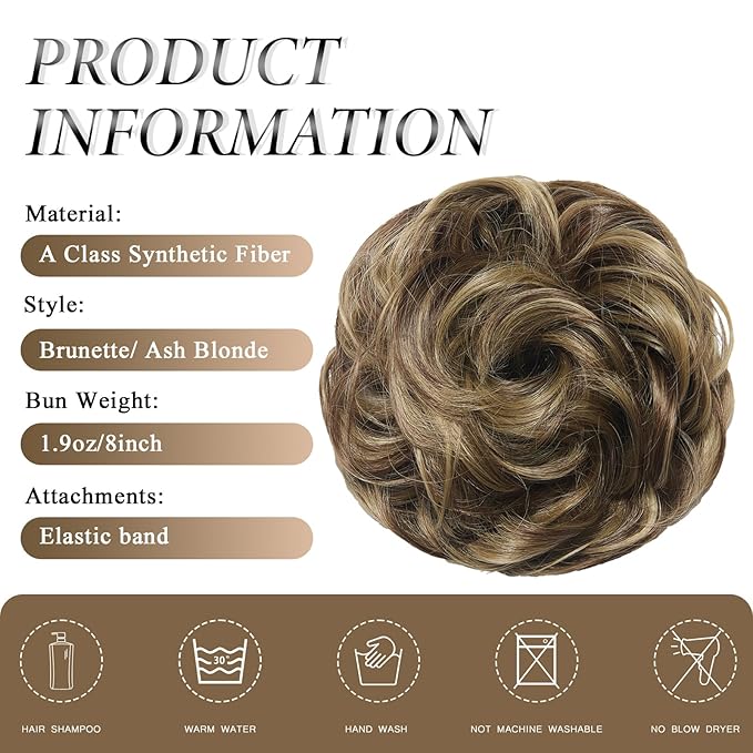 Large Messy Bun Hair Piece Curly Synthetic Extensions Scrunchies Fake Chignon Updo Hairpieces for Women Chestnut Brown Highlights