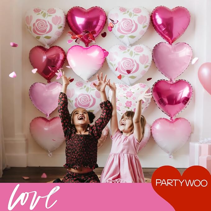 PartyWoo Pink White Rose Hot Pink White Heart Foil 15pcs Balloons 18 Inch | - Image 2
