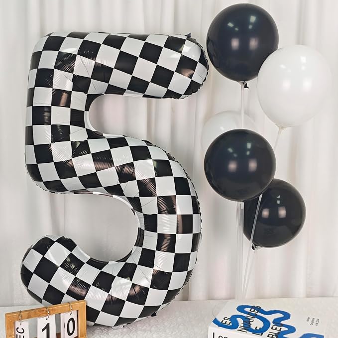 40In Black White Checkered Number 5 Balloon Race Car Digital Foil 5 Balloon | - Image 4