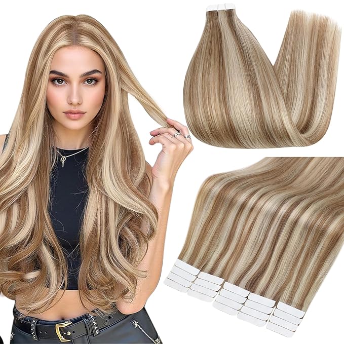 Full Shine Hair Extensions Real Human Hair Tape in Color 10 Brown Highlight 60 Blonde 22 Inch Invisible Double Sided Tape Ins Human Hair Extensions 20PCS Natural Extensions for Women Real Hair 50g