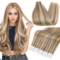 Full Shine Hair Extensions Real Human Hair Tape in Color 10 Brown Highlight 60 Blonde 22 Inch Invisible Double Sided Tape Ins Human Hair Extensions 20PCS Natural Extensions for Women Real Hair 50g