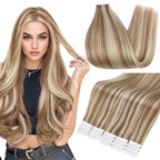 Full Shine Hair Extensions Real Human Hair Tape in Color 10 Brown Highlight 60 Blonde 22 Inch Invisible Double Sided Tape Ins Human Hair Extensions 20PCS Natural Extensions for Women Real Hair 50g