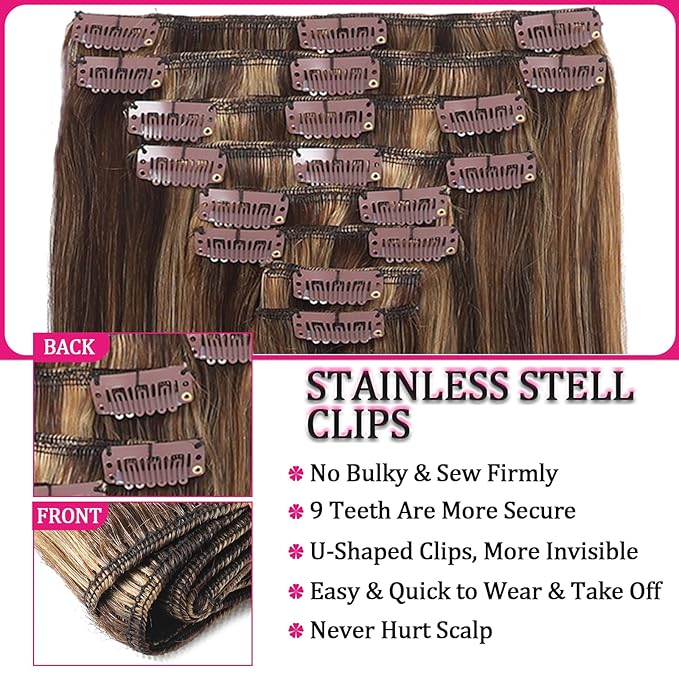 Straight Clip in Hair Extensions Real Human Hair 110g Remy Human Hair 8pcs 18Clips Clip on Extensions Soft Silky Hair for Fashion Women Chocolate Brown to Honey Blonde Hair Extensions (#P427)