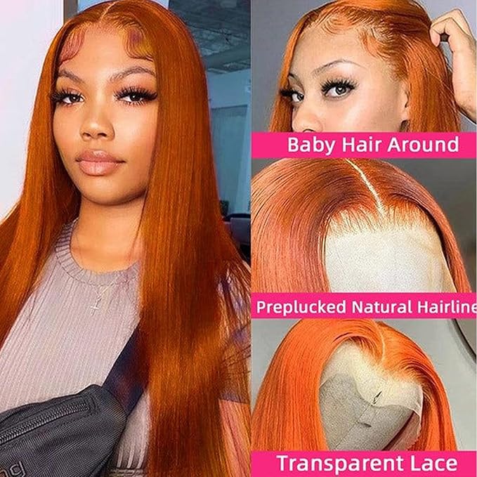 Ginger Wig Human Hair 13x4 Straight Ginger Orange Lace Front Wigs Human Hair HD Transparent Lace Frontal 350 Colored Wig Pre Plucked 180% Density 28inch