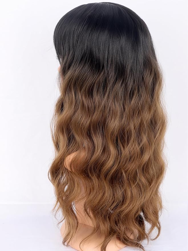 Ombre Brown Wavy Wigs with Bangs for Women - Medium Long Synthetic Black To Brown Wigs Heat Resistant for Daily Party Use