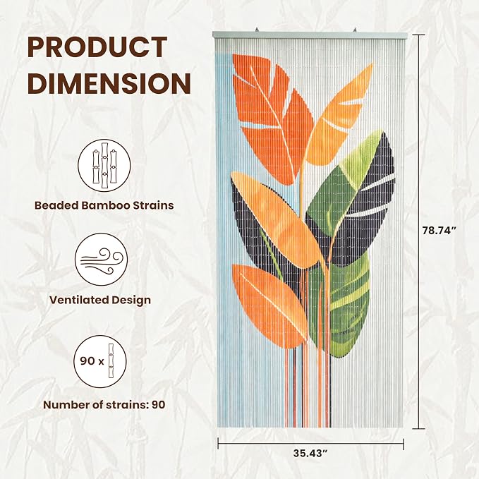 Vietbud Tropical Leaves Beaded Doorway Curtain 35.4" x 78.7" | 90-strand bead - Image 2