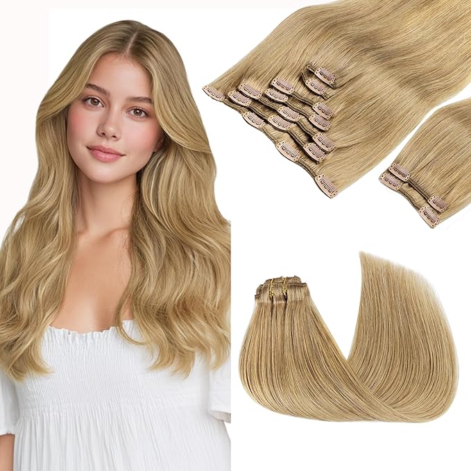 GOO GOO Clip in Hair Extensions Real Human Hair, Remy Human Hair Extensions Clip ins for Women, Natural Human Hair, 22inch 150g 9Pcs, 7 Bronde