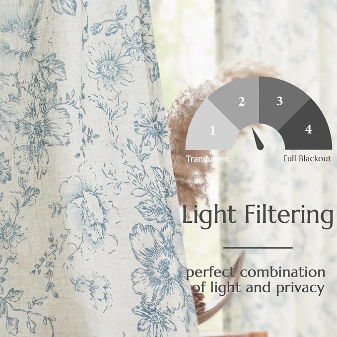 jinchan Blue Floral Linen Curtains 90 Inch Vintage Back Tab 2 Panels | Light - Image 3
