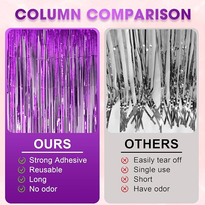 Voircoloria Purple Foil Fringe Backdrop Curtains, 3 Pack | Tinsel Streamers - Image 5