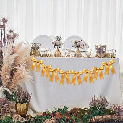1 String of 8PCS Golden Bow Garland Banner Decoration, Pre-Strung Satin Ribbon by Unknown