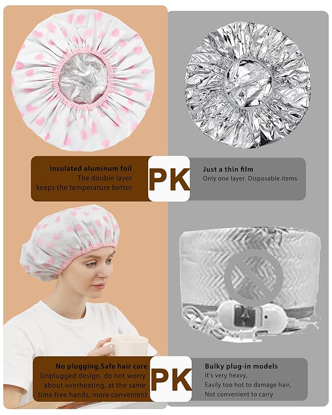 YIZIJIZI 2 Pieces Heat Cap for Deep Conditioning, Conditioning Cap Made of Aluminum Foil for Home and Salon Use, Hair Dyeing（White pink）