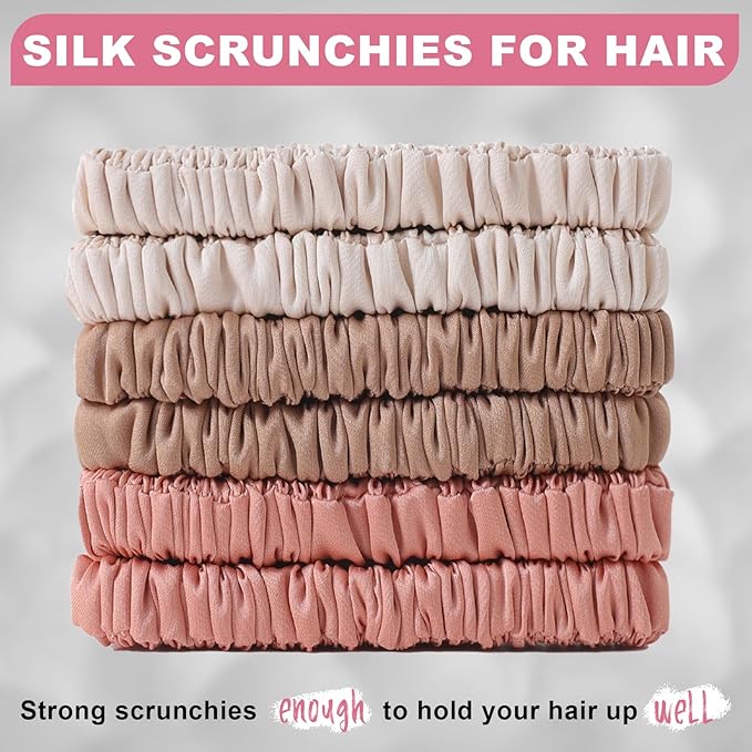6Pcs Silk Hair Ties Small 22 Momme 100% Pure Mulberry Silk Scrunchies for Women Girls Thin Skinny Hair Sleep Scrunchies No Damage(Color 12)