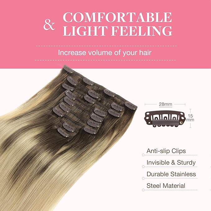 GOO GOO Clip in Hair Extensions Real Human Hair, Remy Human Hair Extensions Clip ins for Women, Natural Human Hair, 16inch 150g 9Pcs, 4/18 Balayage Chocolate Brown Highlighted Dirty Blonde