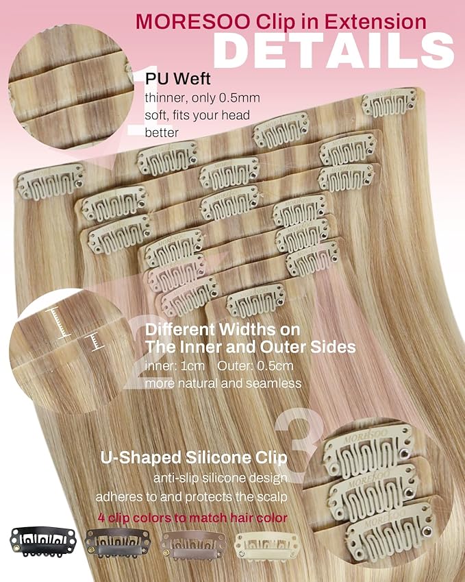 Moresoo Seamless Clip in Hair Extensions Human Hair Dark Ash Blonde with Golden Blonde PU Seamless Human Hair Clip in Extensions Seamless Hair Extensions Clip ins Blonde Highlight 7pcs/120g 16inch