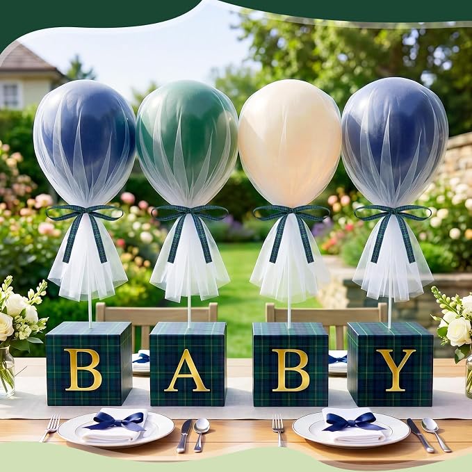 4 Set Green Blue Tartan Plaids Baby Shower Decoration Tartan Table Centerpieces - Image 5