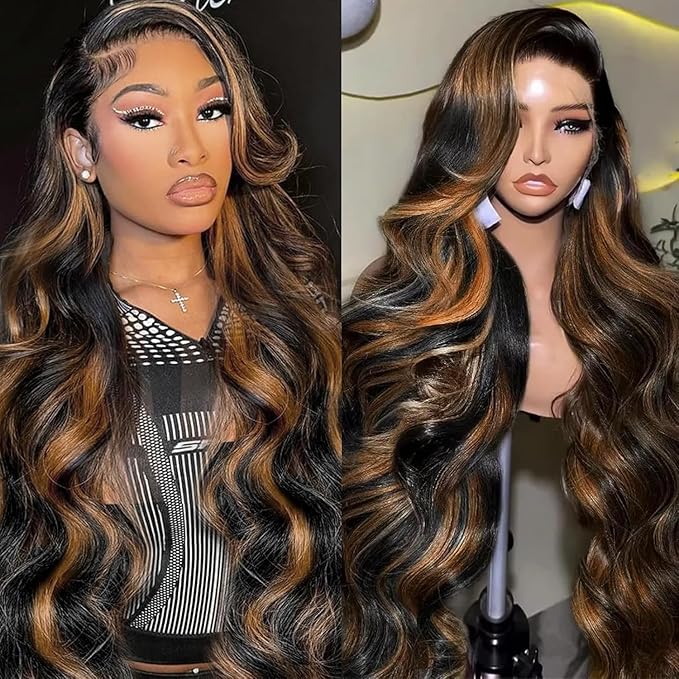 Highlight Ombre Lace Front Wigs Human Hair Body Wave 1B/30 Ombre 9x6 Lace Frontal Wigs Pre Plucked Colored Brown Highlight Wigs 32 Inch Balayage Wigs Glueless Human Hair Wigs for Women