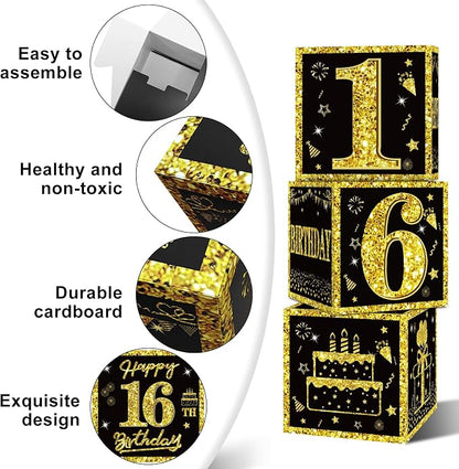 Eiurteao 3pcs Black Gold 16th Birthday Decorations Boxes - Image 4