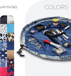 Lay-n-Go Cosmo Drawstring Cosmetic & Makeup Bag Organizer - Portable Drawstring Makeup Bag w/Zipper Pocket, Makeup Loops & More - Durable, Machine Washable Toiletry Bag (20", Blue Snakeskin)