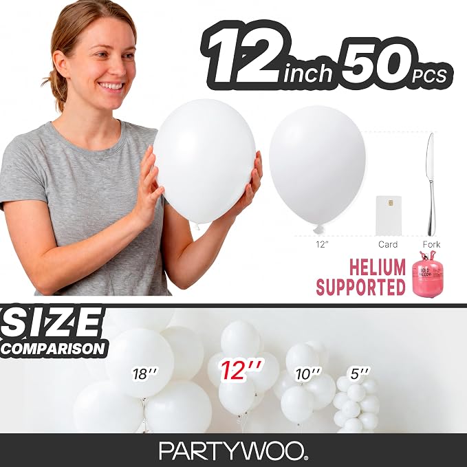 PartyWoo White Balloons 50pcs 12 Inch Latex Helium White Balloons | Wedding - Image 6