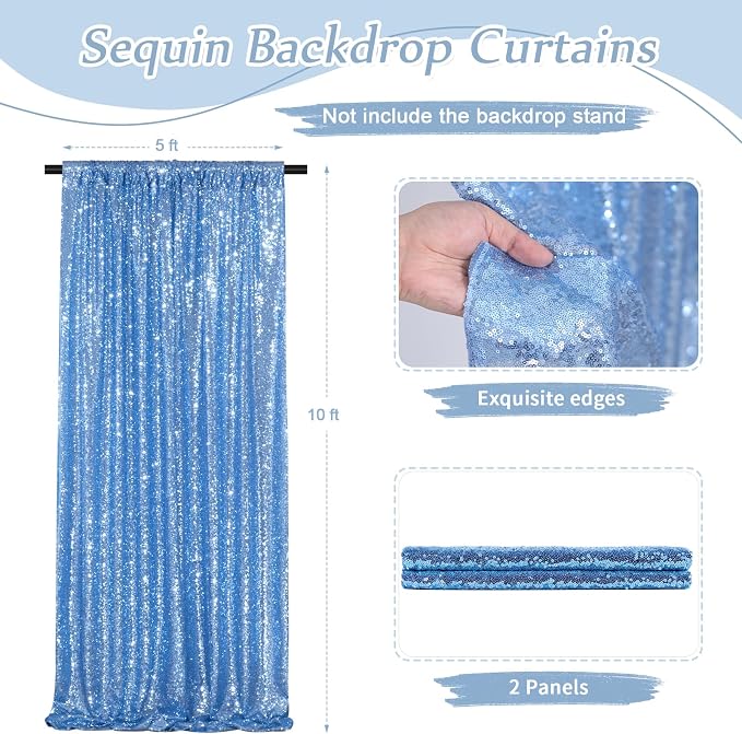 Baby Blue Glitter Sequin Backdrop Curtains 2 Pcs 5FTx10FT Baby Shower Party - Image 3