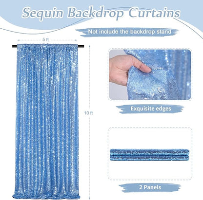 Baby Blue Glitter Sequin Backdrop Curtains 2 Pcs 5FTx10FT Baby Shower Party - Image 3