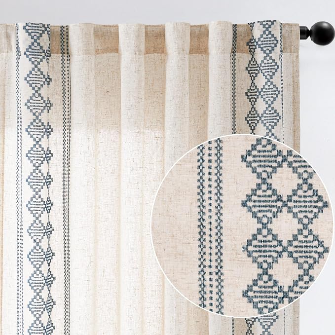 jinchan Floral Linen Curtains Embroidered Back Tab 50x96in 2 Panels Blue | - Image 9
