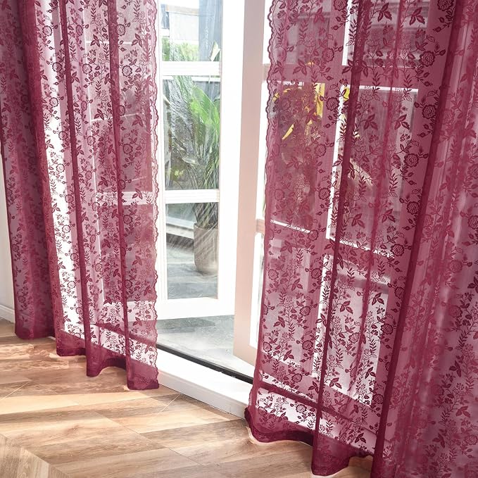 FINECITY Burgundy Lace Curtains Rustic Leaf Floral 52 x 84 Inch, 2 Panels | Rod - Image 7