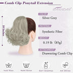 BARSDAR Short Gray Ponytail Extension - 10 Inch Loose Curly Wavy Drawstring Comb Clip Pony Tails Hairpieces for Women, Synthetic Clip in Ponytail Hair Extensions Daily - Silver Grey