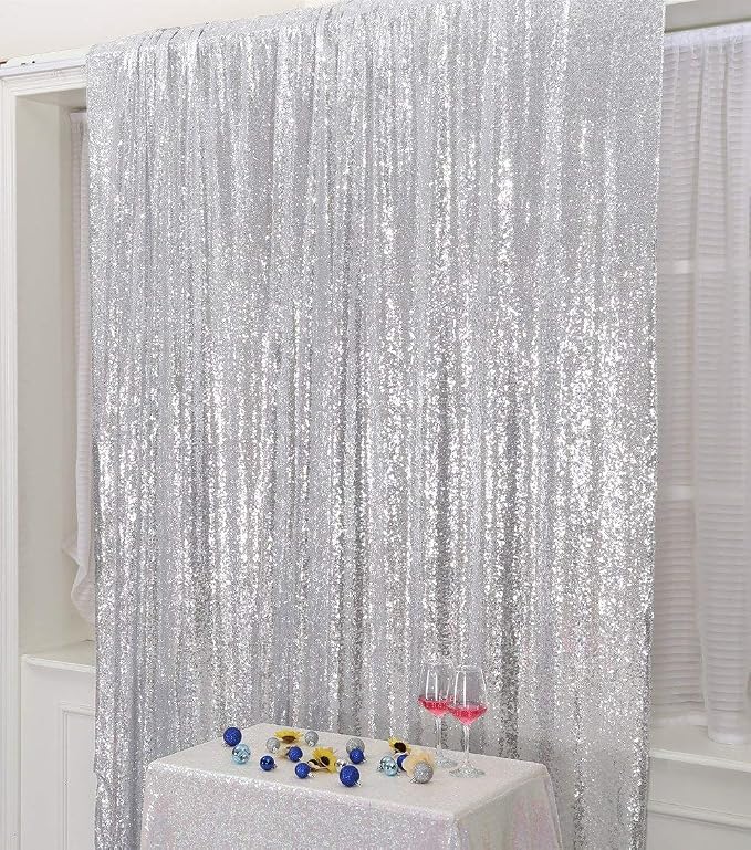 PartyDelight Silver Sequin Backdrop 6x8ft Sparkly Photo Curtain | 4 Inch Rod - Image 8