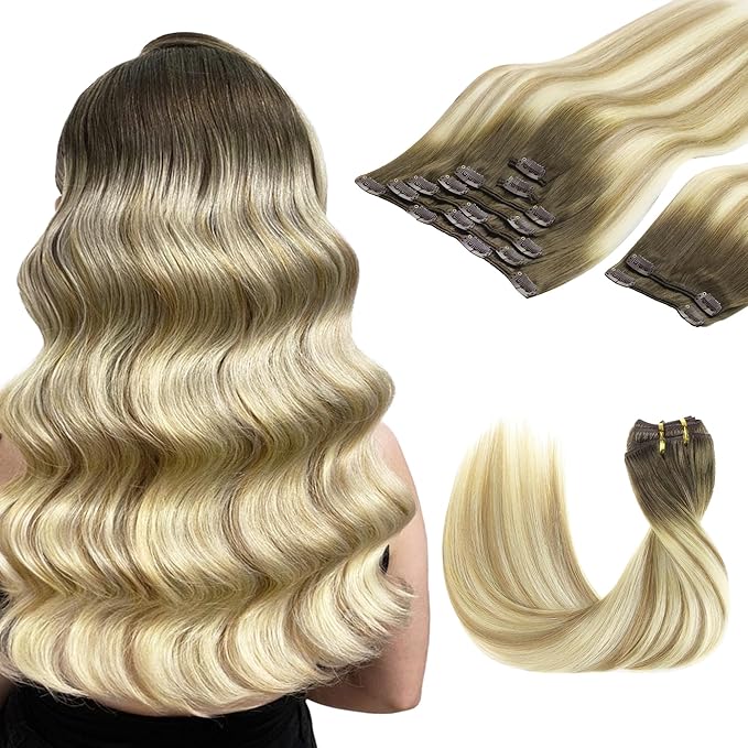 GOO GOO Clip in Hair Extensions Real Human Hair, Remy Human Hair Extensions Clip ins for Women, Natural Human Hair, 20inch 150g 9Pcs, 5A/90/16F Bahamian Balayage