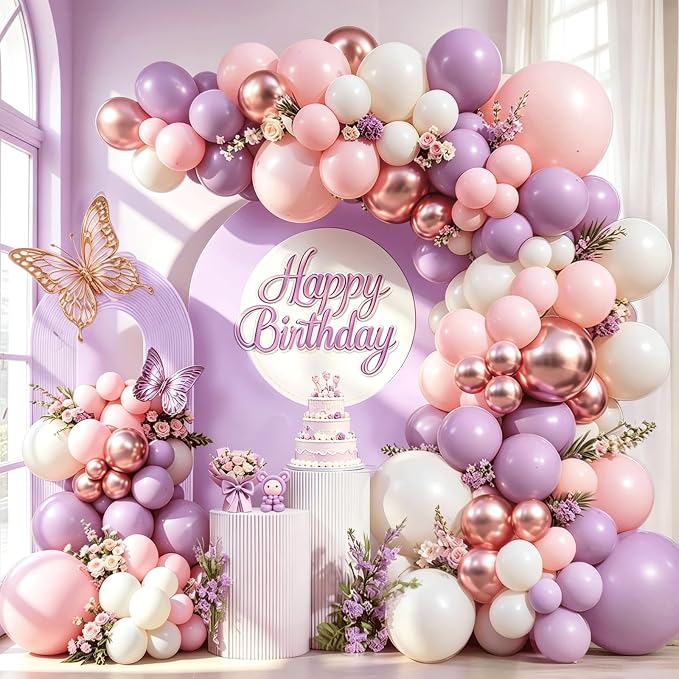 Pink and Purple Balloon Arch Kit, Sand White, Rose Gold by PUFFLD